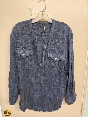 Free People Blue Soft Linen Button Down Top
